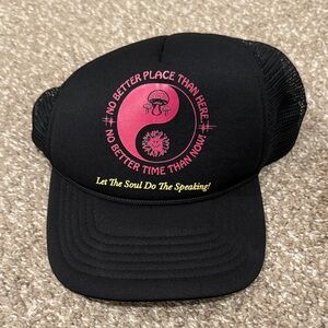 Urban Outfitters Black Trucker Hat with Pink Yin Graphic and Yellow Slogan
